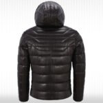 Men's Real Leather Puffer Hooded Jacket - Fully Quilted Black Hoodie - Image 3