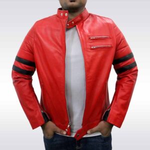 Men?s Red Biker Leather Jacket with Black Stripes