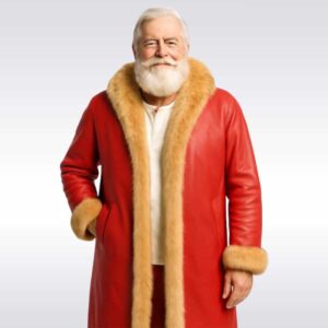 Men?s Red Leather Christmas Coat with Fur Hood