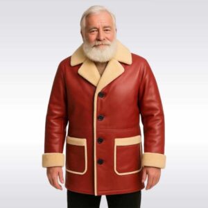 Men?s Red Leather Santa Claus Jacket with Fur Trim