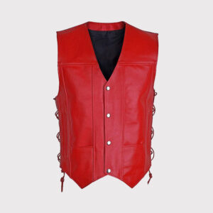 Red Motorcycle Biker Vest for Men - Genuine Cowhide Leather