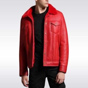 Men?s Red Shearling Trucker Leather Jacket