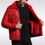 Men’s Red Shearling Trucker Leather Jacket - Image 3