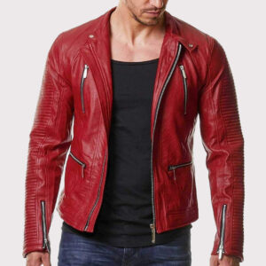 Men's Slim Fit Red Leather Biker Jacket