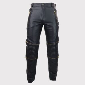 Men's Retro Classic Vintage Black Leather Jeans with Gold Zips - Goth Punk Style
