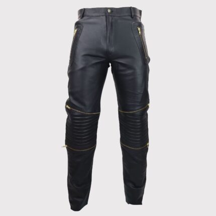 Men's Retro Classic Vintage Black Leather Jeans with Gold Zips - Goth Punk Style