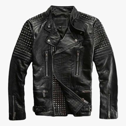 Men's Rock Punk Black Studded Metal Spiked Motorcycle Leather Jacket