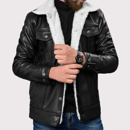 Men's Shearling Leather Aviator Jacket in Black
