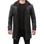Mens Shearling Lined Black Leather Trench Coat