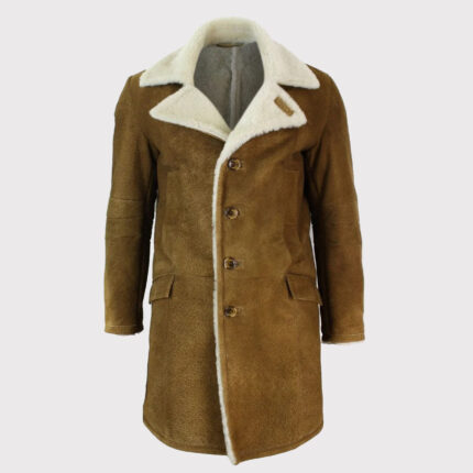 Men's Vintage Retro Tan Brown Shearling Sheepskin Overcoat