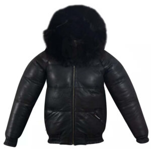 Men's Puffer Bomber Sheepskin Leather Jacket with Removable Raccoon Fur Collar & Hood