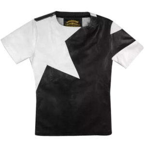 Men?s Black & White Sheepskin Leather T-Shirt with Star Design