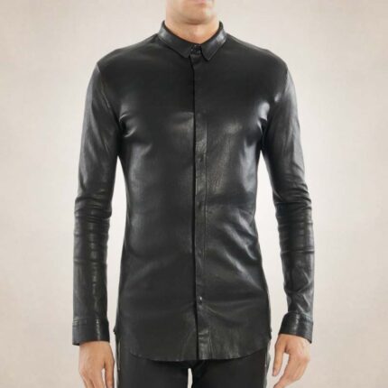 Men's Slim Fit Black Leather Shirt