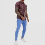 Men's Street Style Short Sleeve Real Sheepskin Burgundy Leather Shirt - Image 3
