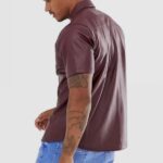 Men's Street Style Short Sleeve Real Sheepskin Burgundy Leather Shirt - Image 2