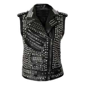 Men's Studded Brando Biker Leather Vest with Silver Studs
