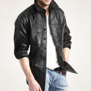 Men's Stylish Black Leather Button-Up Shirt