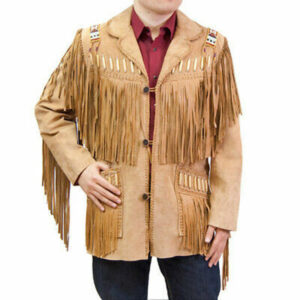 Men's Suede Leather Cowboy Jacket with Fringed and Beaded Western Coat