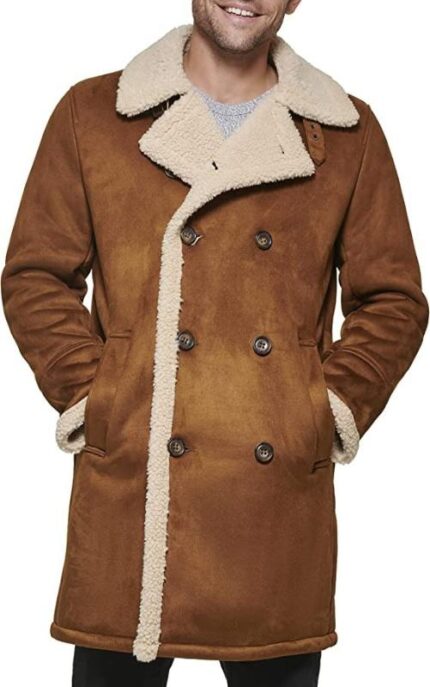 Men's Tan Brown Suede Shearling Leather Coat