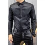 Men's Trendy Real Sheepskin Black Leather Shirt - Image 3