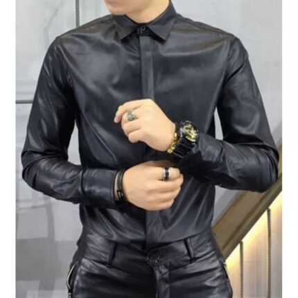 Men's Trendy Real Sheepskin Black Leather Shirt