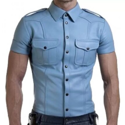 Men's Genuine Blue Leather Shirt - Very Hot