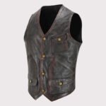 Vintage Black Red Waxed Leather Vest for Men - Image 3
