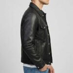 Men's Vintage Black Sheepskin Leather Trucker Jacket - Image 3