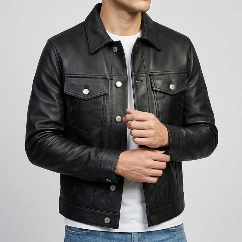 mens-vintage-black-sheepskin-leather-trucker-jacket Men's Vintage Black Sheepskin Leather Trucker Jacket - Image 1