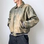Men's Vintage Distressed Olive Green Leather Bomber Jacket