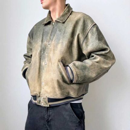 Men's Vintage Distressed Olive Green Leather Bomber Jacket