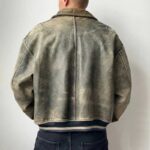 Men's Vintage Distressed Olive Green Leather Bomber Jacket - Image 2