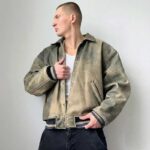 Men's Vintage Distressed Olive Green Leather Bomber Jacket - Image 4