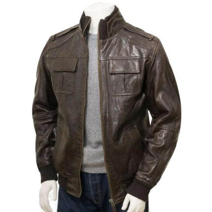 Men's Vintage Fashion Soft Lambskin Leather Bomber Jacket with Knit Collar