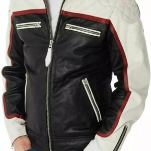 Men's White & Black Genuine Lambskin Motorcycle Biker Jacket