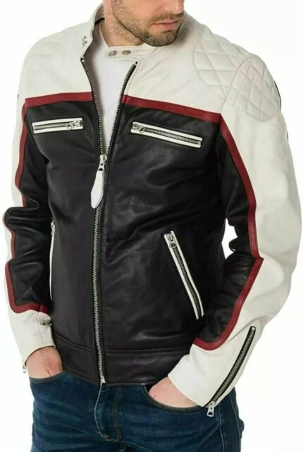 Men's White & Black Genuine Lambskin Motorcycle Biker Jacket
