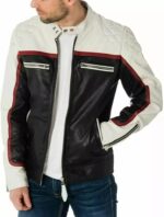 Men's White & Black Genuine Lambskin Motorcycle Biker Jacket - Image 2