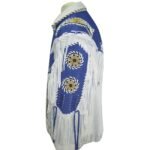Men's White and Blue Suede Leather Cowboy Coat with Fringed and Beaded Jacket - Image 3