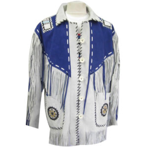 Men's White and Blue Suede Leather Cowboy Coat with Fringed and Beaded Jacket
