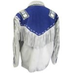 Men's White and Blue Suede Leather Cowboy Coat with Fringed and Beaded Jacket - Image 2