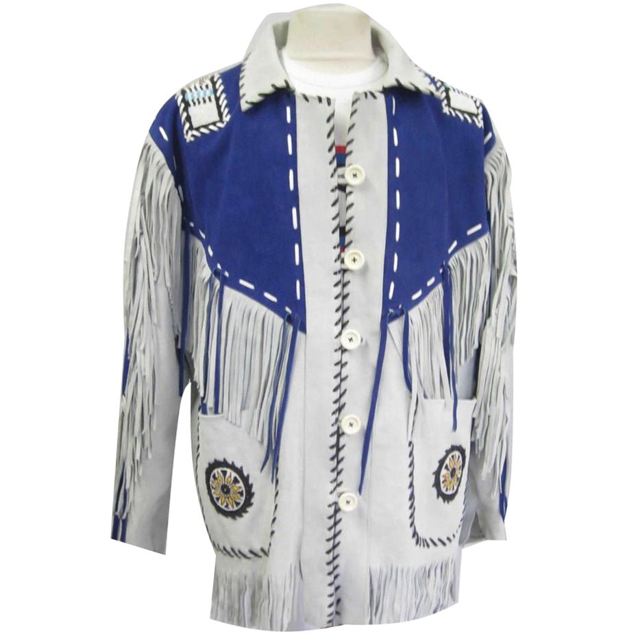 mens-white-blue-suede-leather-cowboy-coat-fringed-beaded-jacket Men's White and Blue Suede Leather Cowboy Coat with Fringed and Beaded Jacket - Image 1