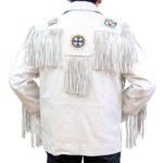 Men's White Suede Leather Jacket with Fringed Cowboy and Eagle Beaded Design - Image 3