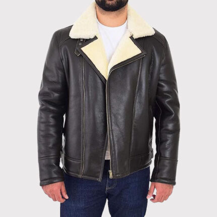 Men's X-Zip Fitted Shearling Aviator Bomber Coat - Sheepskin Flying Jacket