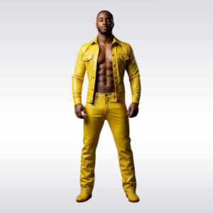 Men?s Yellow Leather Shirt and Pants Two-Piece Streetwear Set