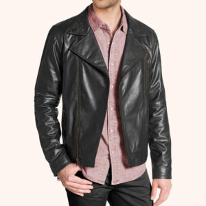 Modern Black Leather Jacket with Notch Collar for Men
