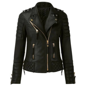 Women?s Classic Motorcycle Leather Jacket with Golden Zipper