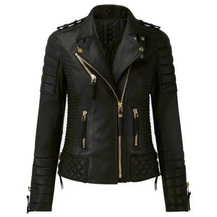 Women’s Classic Motorcycle Leather Jacket with Golden Zipper