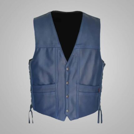 Navy Blue Men’s Leather Vest - V-Neck Style