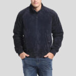 Men's Navy Blue Suede Bomber Leather Jacket - Image 5