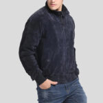 Men's Navy Blue Suede Bomber Leather Jacket - Image 4